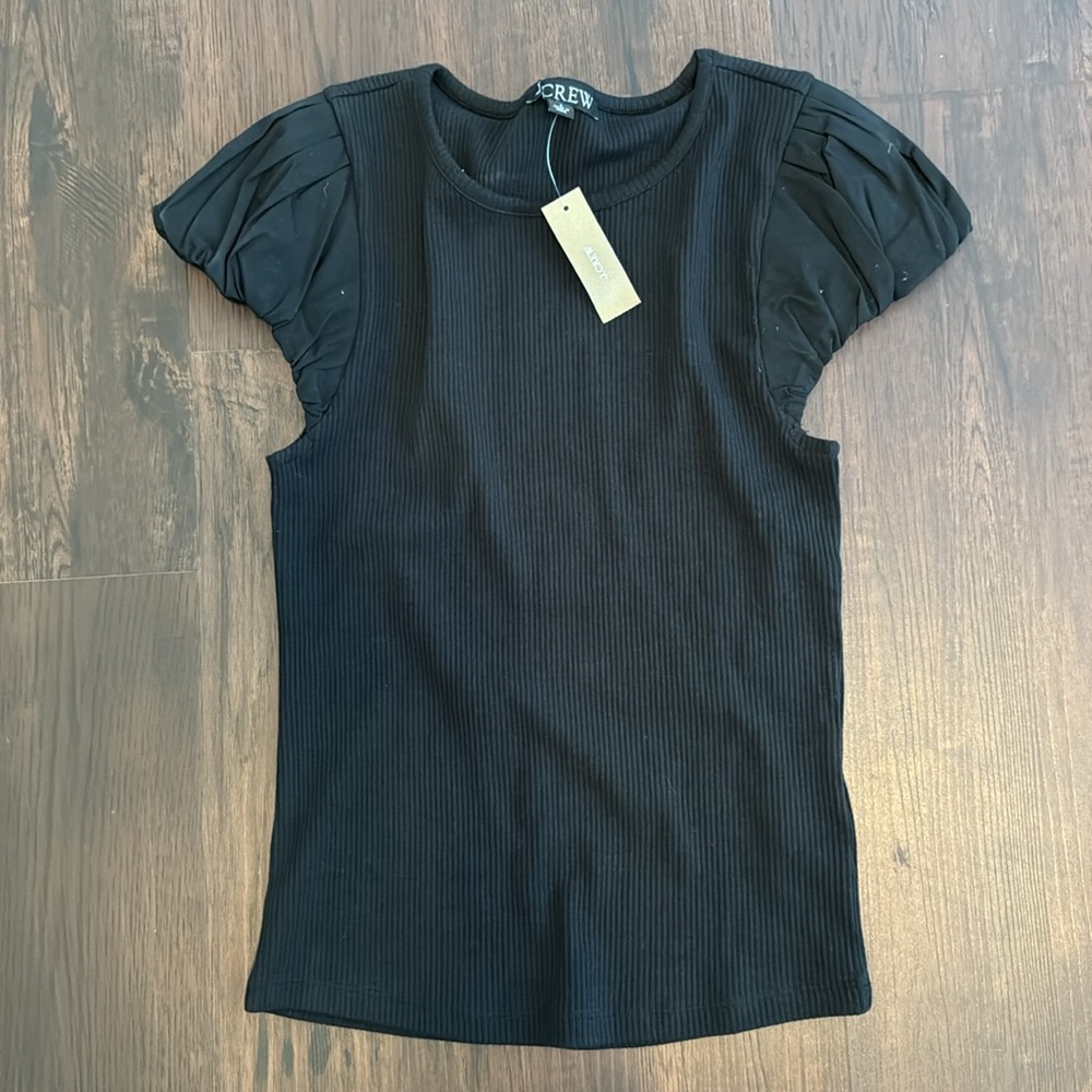 J.CREW VINTAGE TOP RIB COTTON POPLIN PUFF SLEEVES BLACK